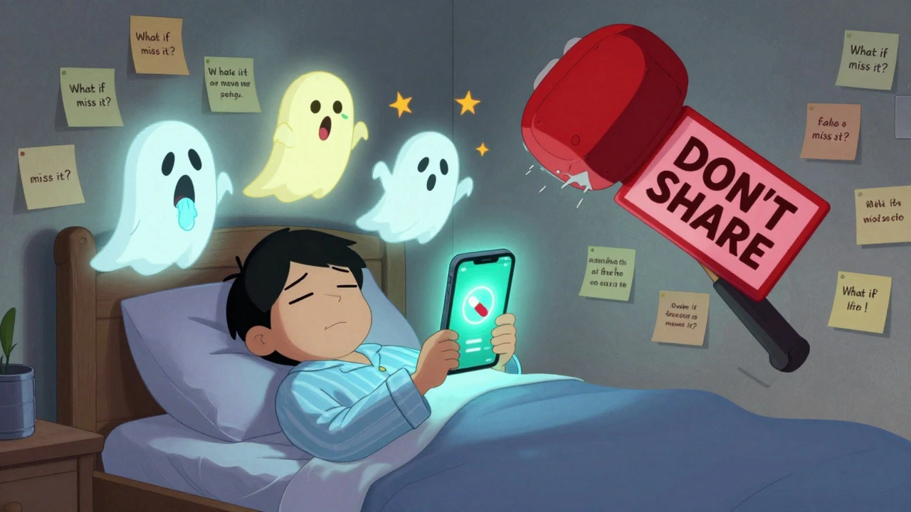 A person in pajamas with glowing phone app and animated side effect ghosts hovering around bed.
