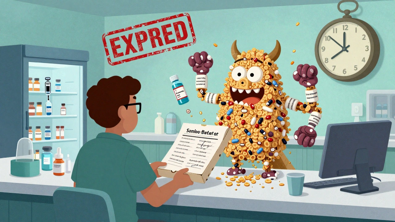 A pharmacy scene with floating dangerous medication items and a pizza box medication list.