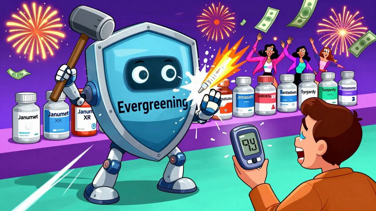 A robot breaks a patent shield as new generic diabetes pills emerge with cash fireworks.