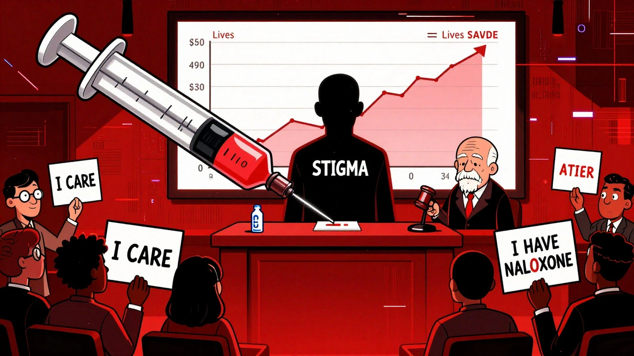 A surreal courtroom where naloxone and test strips are on trial against stigma