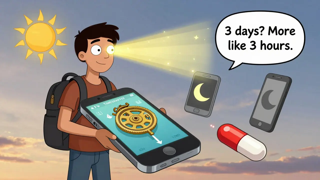 A traveler receiving precise morning light while a tiny clock inside their chest aligns, with a 0.5mg melatonin capsule zipping in and a phone showing Timeshifter.