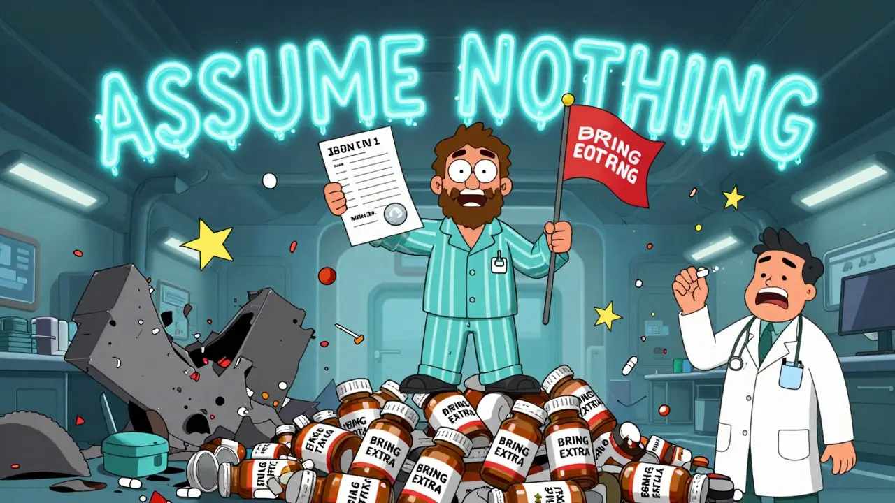 A traveler standing on a pile of extra meds holding a doctor's list, while a chaotic medical center collapses behind them.