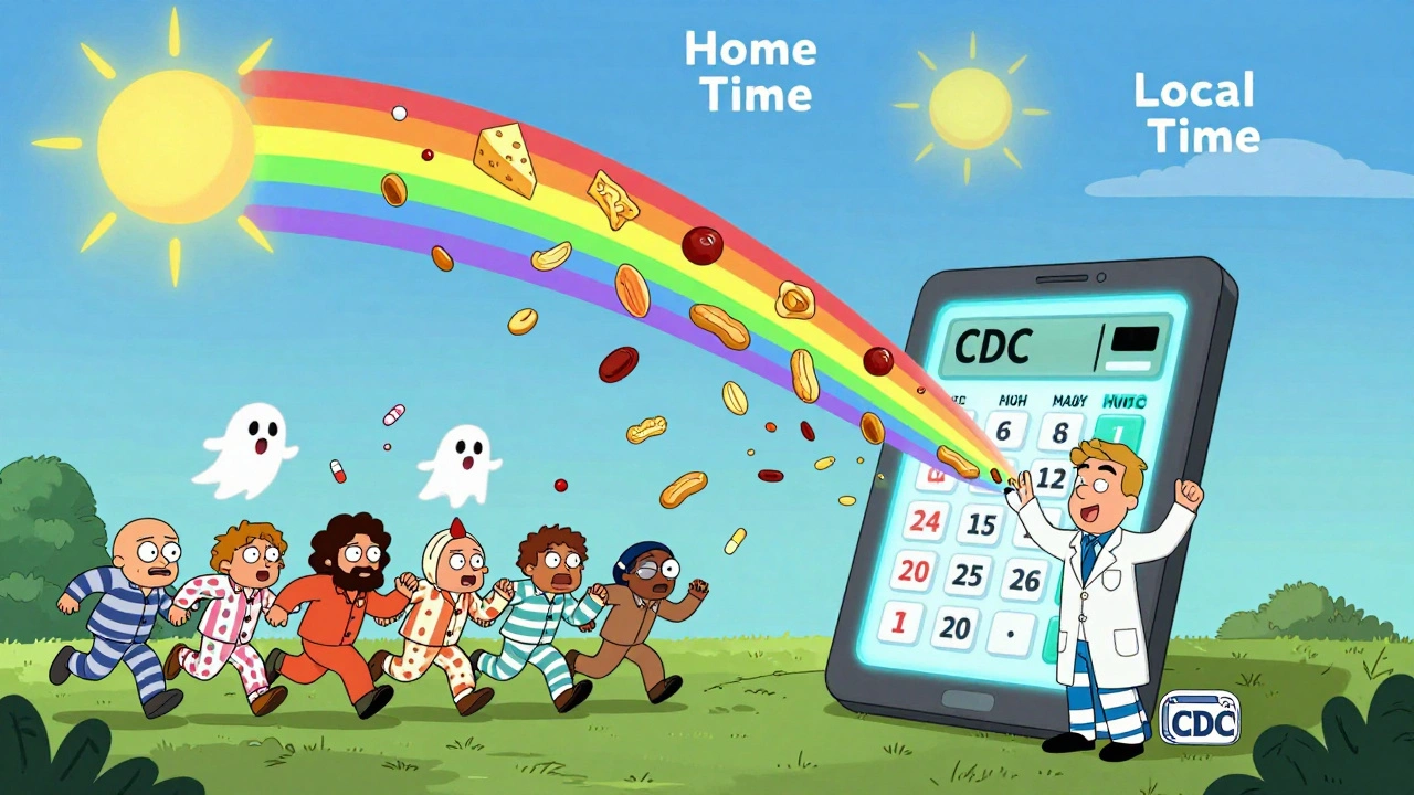 A traveler uses a CDC calculator that rains fat snacks as confused people chase ghost-like missed pills under twin suns.