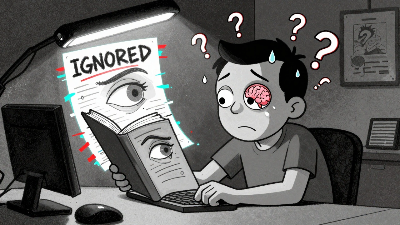 Adult with double vision reading a glitching book, brain struggling to merge images.