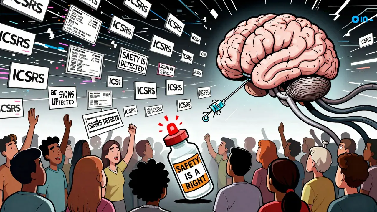 AI brain analyzing drug reports, spotting a dangerous vaccine reaction as people celebrate a safety warning.