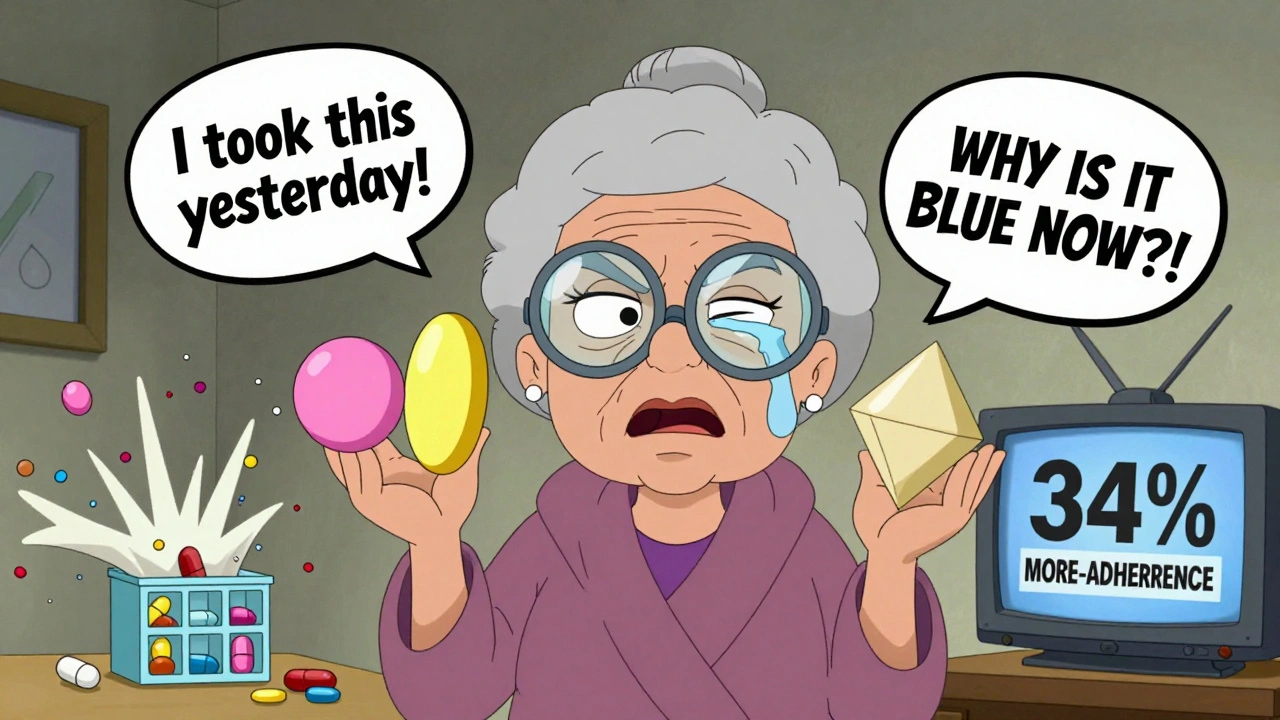 An elderly woman holds three differently colored pills with exaggerated faces, squinting through magnifying glasses.