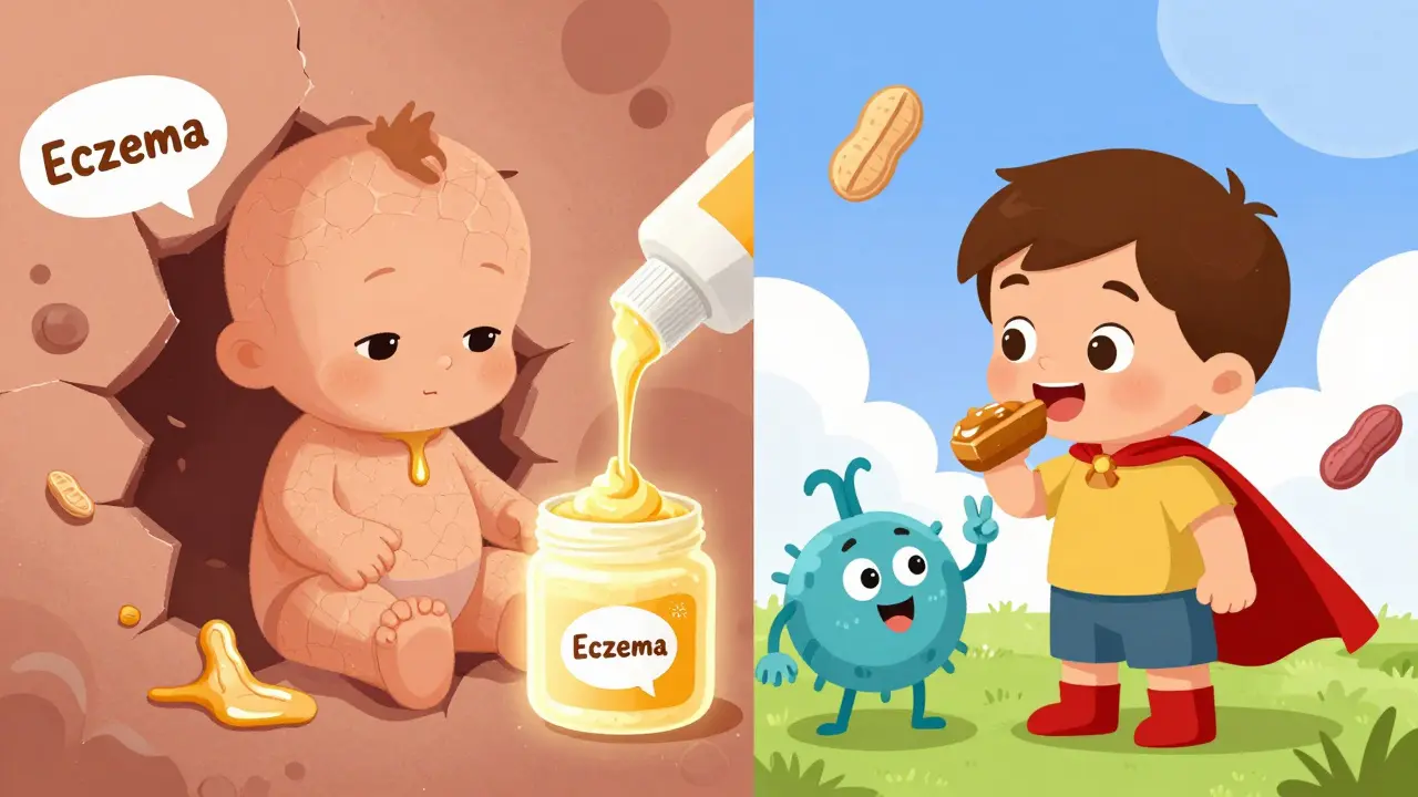 Baby with cracked skin being healed by petroleum jelly while another child eats peanut butter as friendly immune cells celebrate.