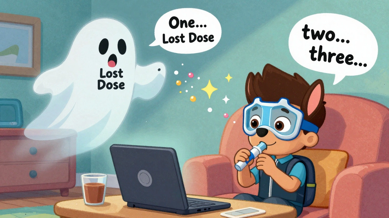 Child breathing calmly through a Paw Patrol mask while medicine droplets enter their lungs, ghostly lost dose fading away.