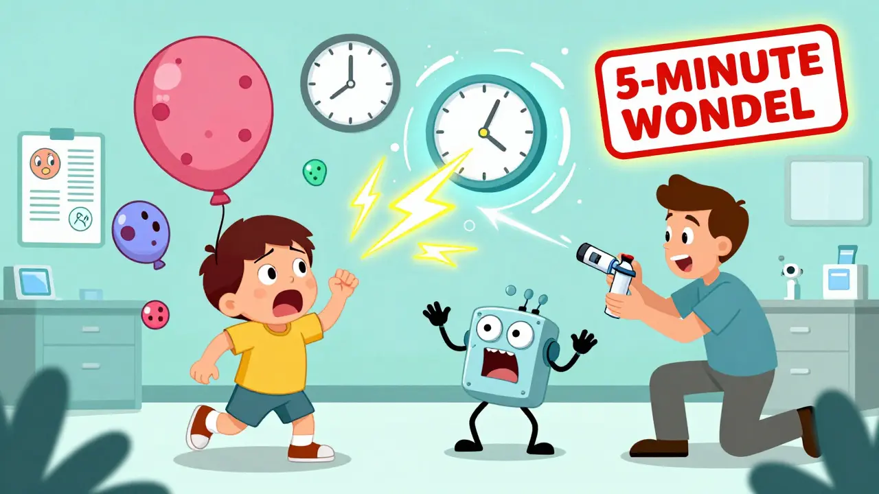 Child in emergency room with ballooning hives as epinephrine injector talks, freezing time with a glowing 5-minute warning.