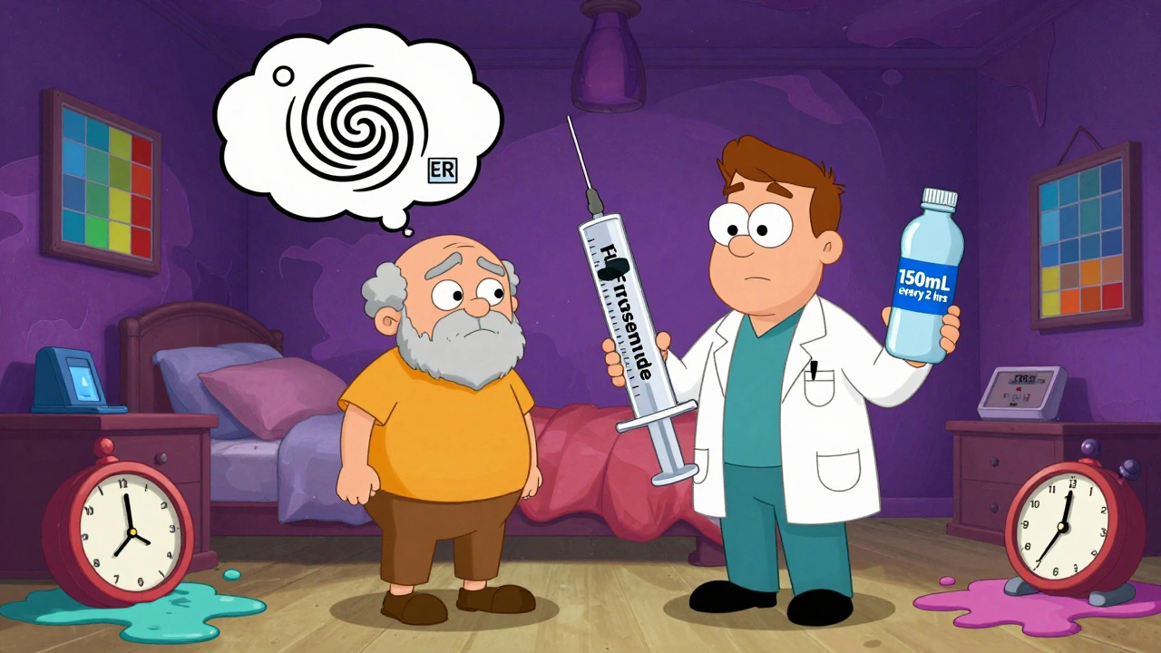 Confused senior with a dizziness spiral thought bubble, doctor holding a diuretic syringe, and a dropping weight scale.