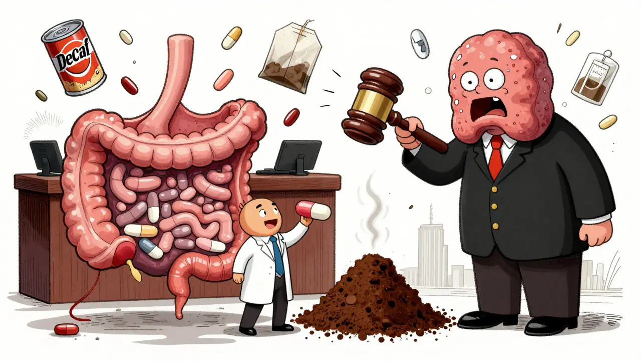 Courtroom inside the gut where coffee is on trial for interfering with thyroid medication.