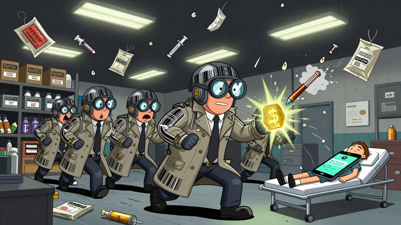 Exaggerated Interpol agents storm a warehouse of unassembled fake drug parts, with a blockchain token zapping counterfeit pills into dust.