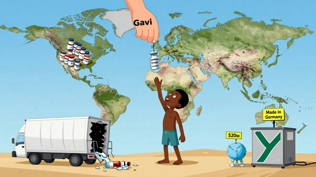 Map showing wealthy nations hoarding vaccines while Africa crumbles, with a broken fridge leaking expired doses.