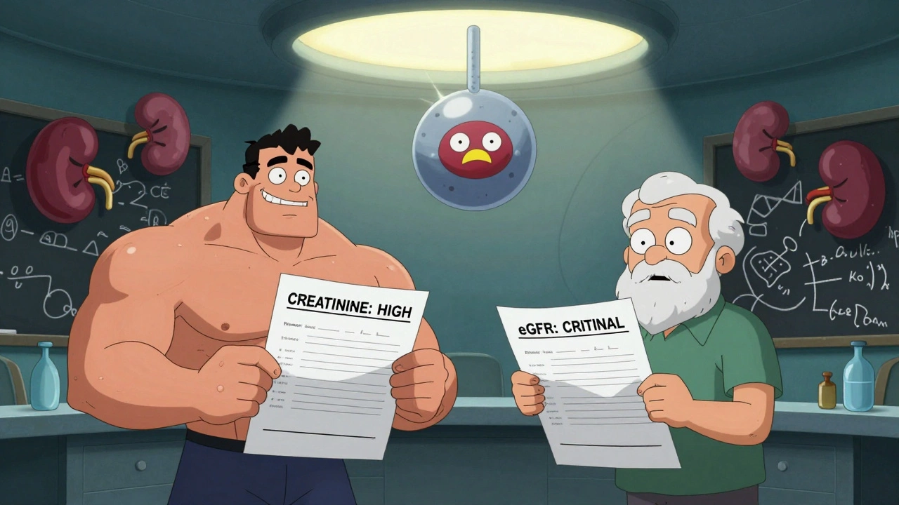 Muscular and elderly person holding same blood test, cystatin C superhero descending above them