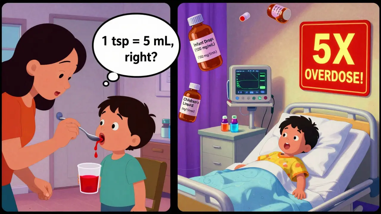 Parent giving medicine with spoon at home vs. child overdosing in hospital, surreal cartoon contrast.