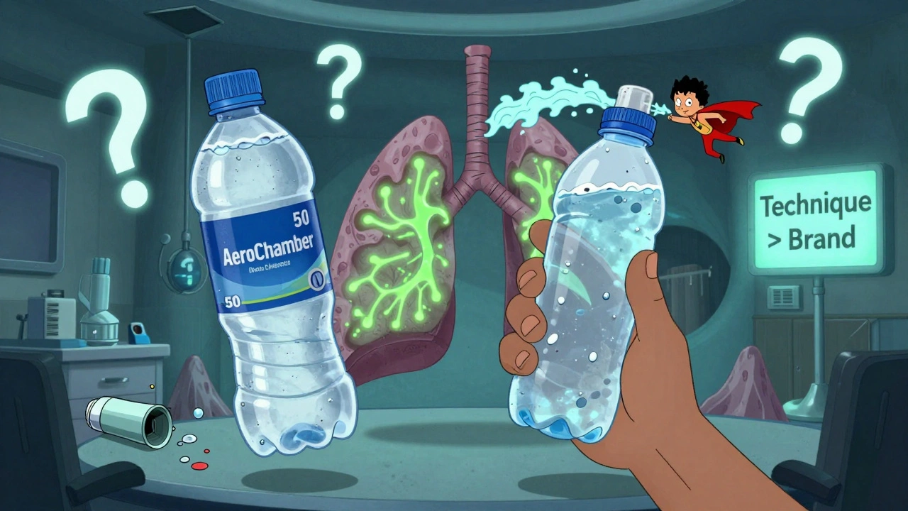 Parent holding a plastic bottle spacer beside a branded device, child as superhero flying through glowing lungs.