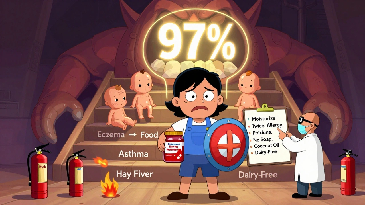 Parent holding moisturizer like a shield, standing before a staircase of allergic conditions with a 97% protective halo.