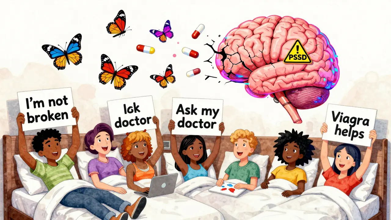 People in bed hold hopeful signs as a brain releases butterflies made of prescription labels.