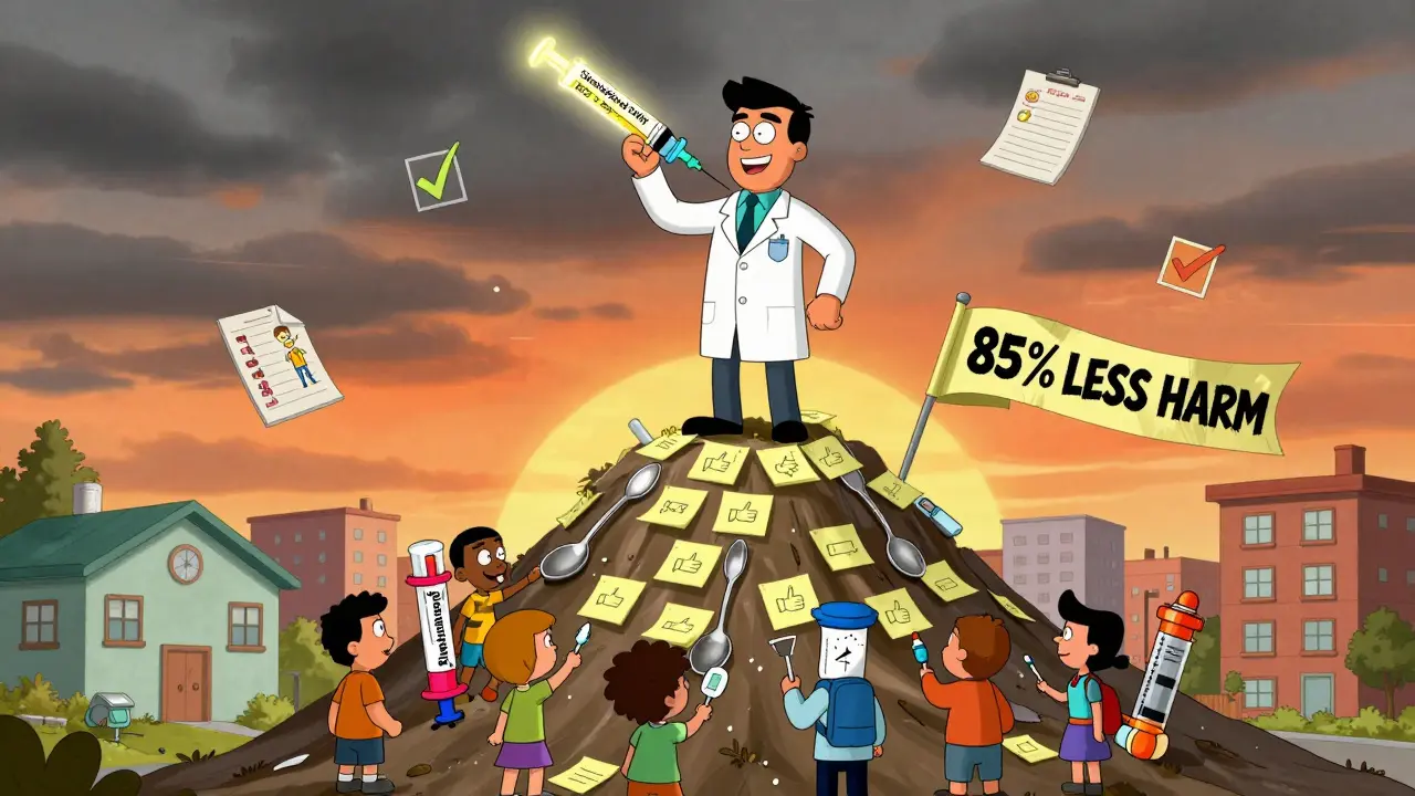 Pharmacist hands out safe dosing tools to families, bright symbols and rising sun in background.