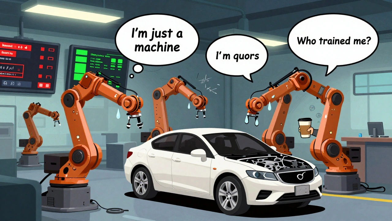 Robotic arms with human faces struggle to assemble a car on a chaotic factory floor, surrounded by conflicting data screens.