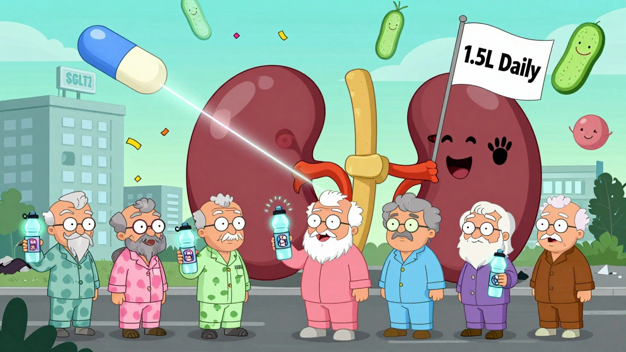 Seniors with glowing smart water bottles hydrating a happy kidney, while a hospital crumbles into confetti.