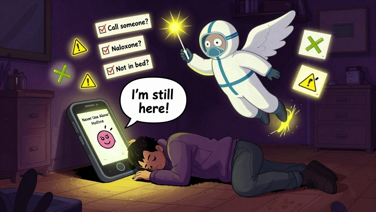 Someone alone on the floor with a hotline call active and a cartoon angel holding naloxone