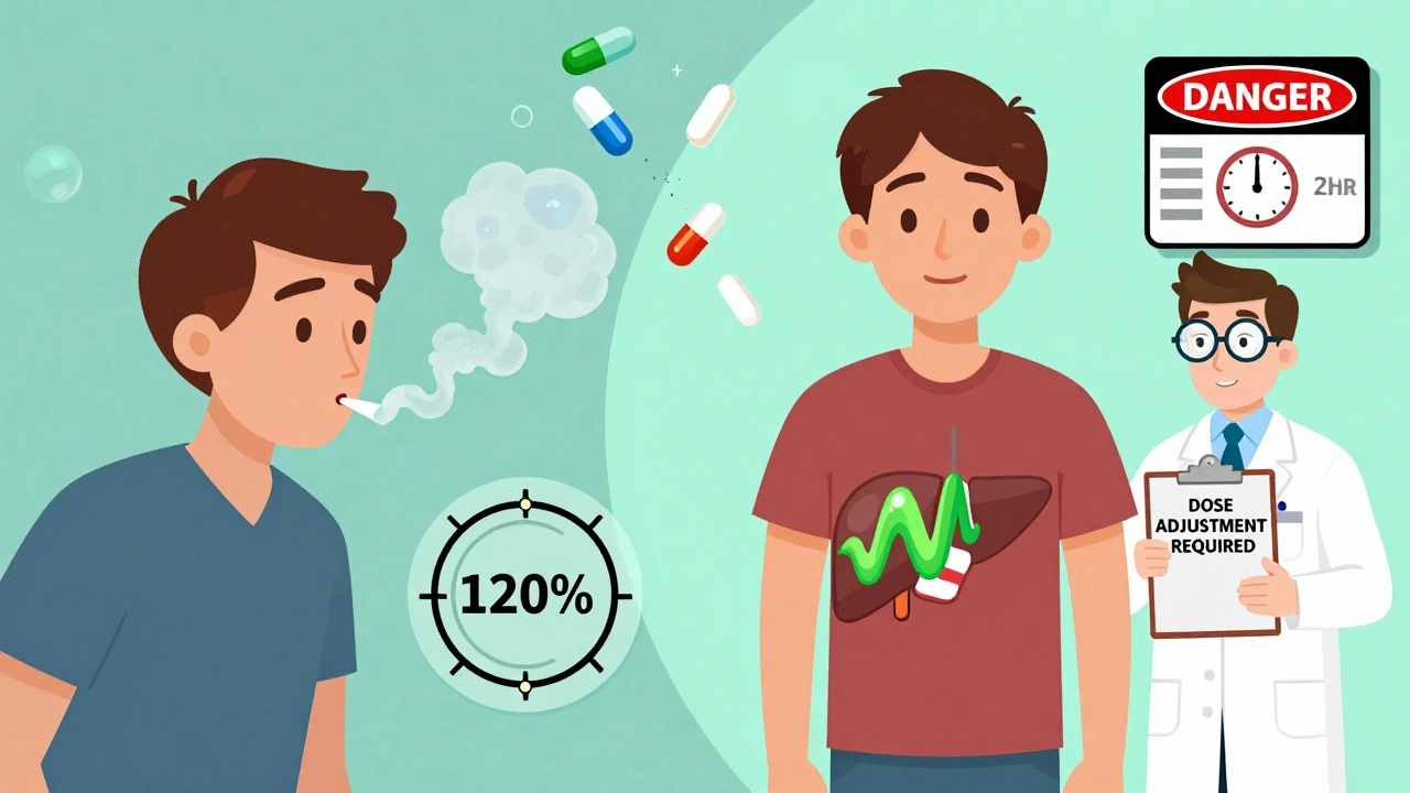 Split cartoon scene: one side shows vaping increasing enzyme activity, the other shows a nicotine patch with calm liver flow.