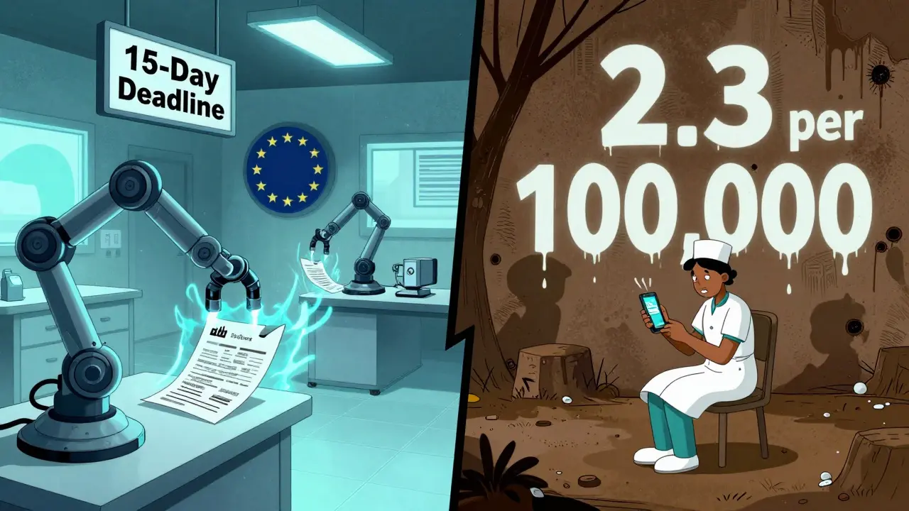 Split scene: high-tech EU lab vs. rural clinic with a flickering phone sending a lone drug safety report.
