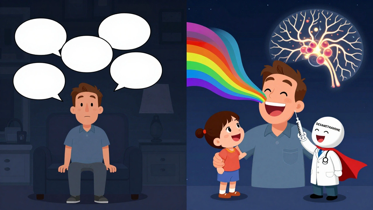 Split scene: lonely silence on one side, restored hearing with colorful sound waves on the other, aided by a doctor with a syringe.