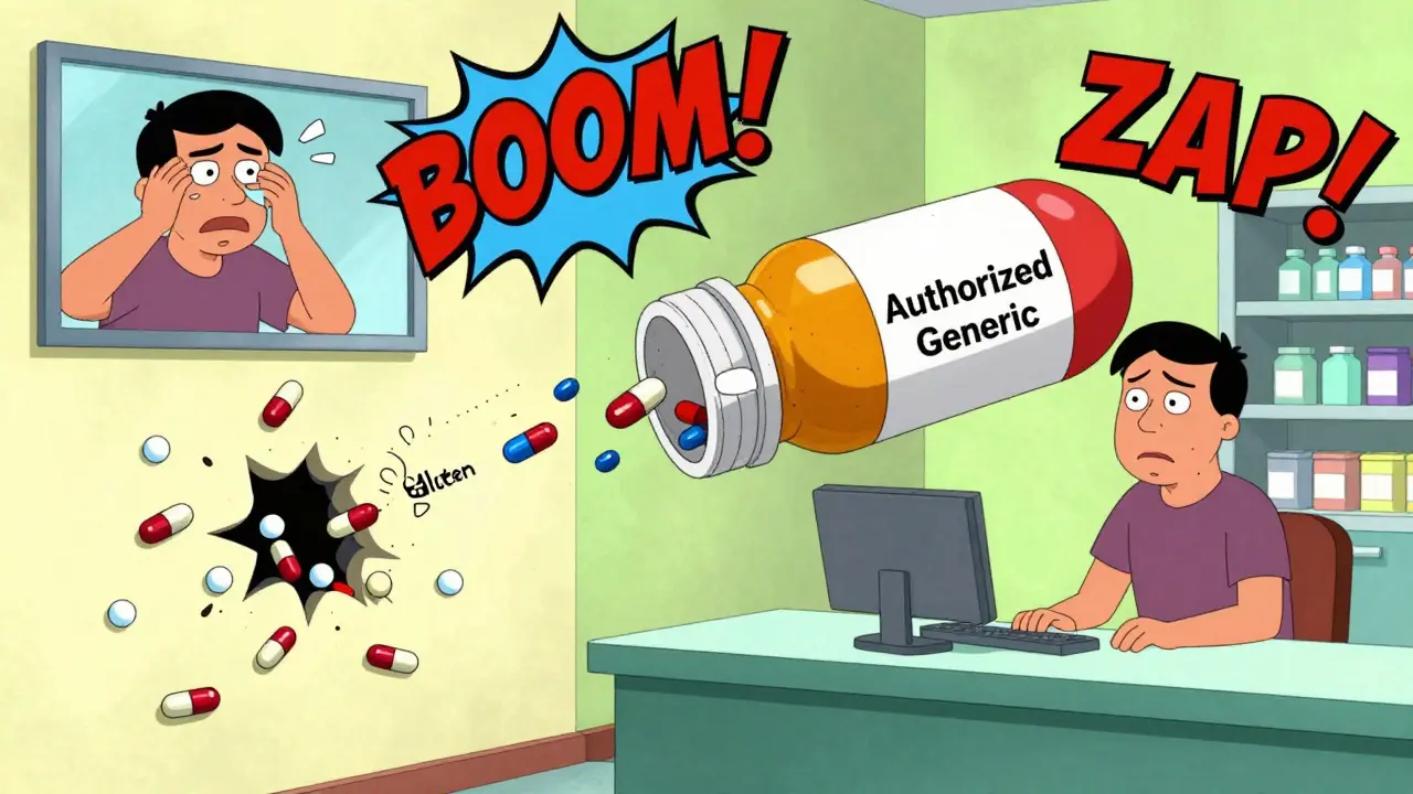 Superhero pill defeating harmful generic ingredients, patient safe, chaotic pharmacy background