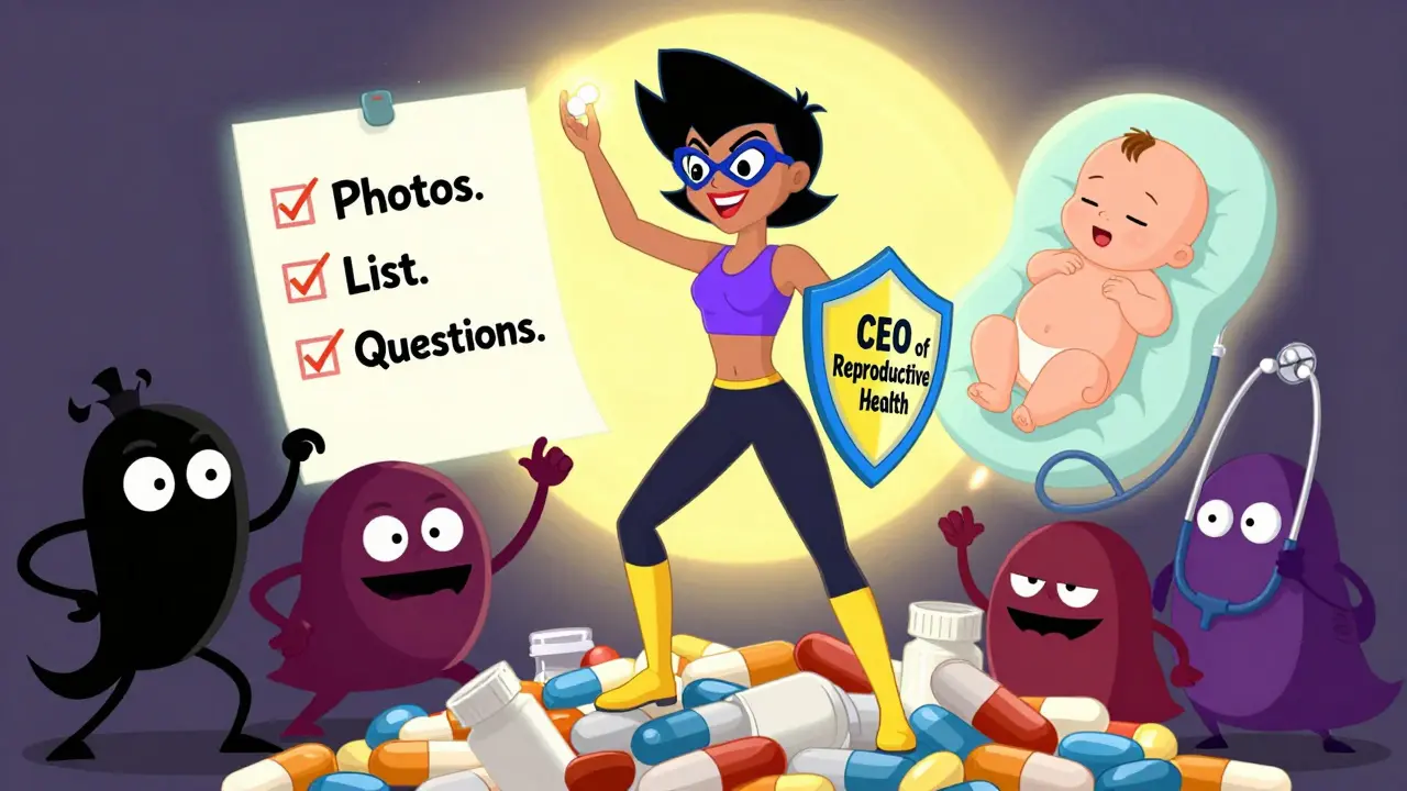 Superheroine holding folic acid shield, defeating dangerous medication villains in a cartoon scene.