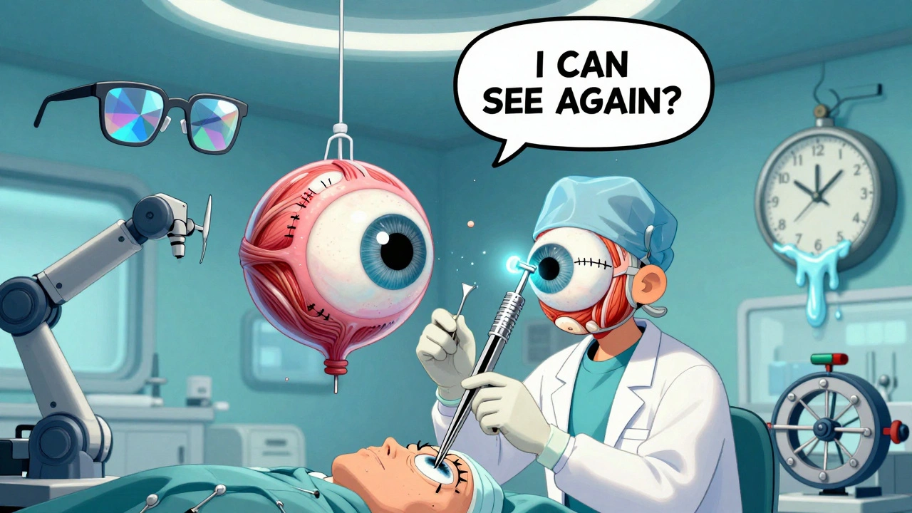 Surgeon adjusting eye muscles with glowing sutures in surreal operating room.