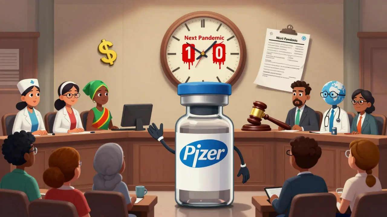 Surreal courtroom where a vaccine is on trial, defended by a corporate mascot against global health workers.