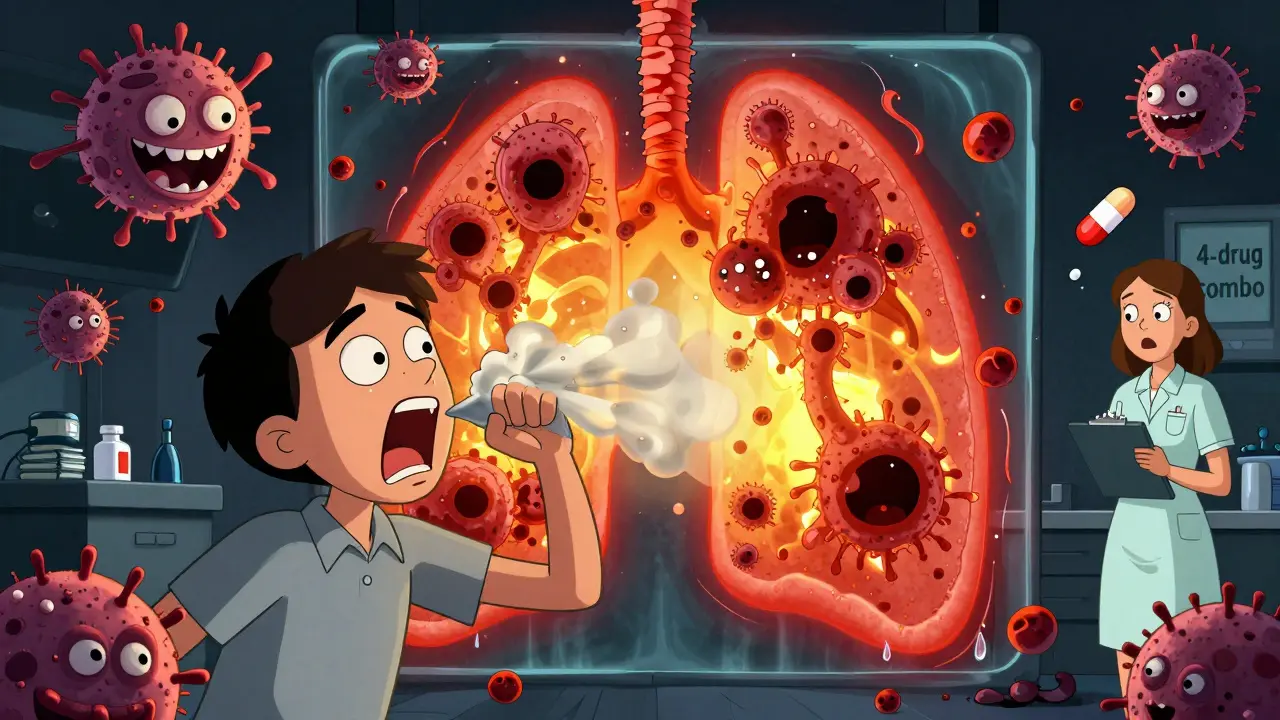 TB bacteria bursting from lungs as coughed droplets turn into zombies, with chest X-ray showing damage.