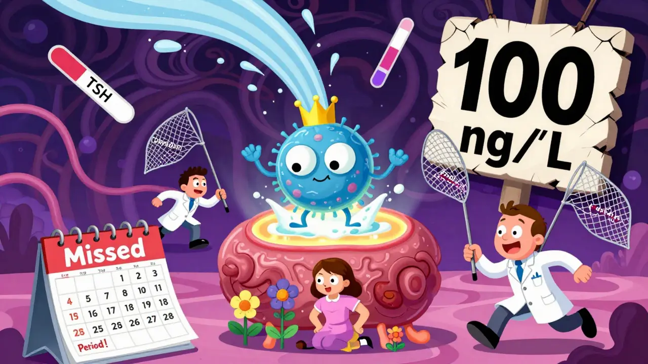 Tiny pituitary tumor spraying milk while doctors chase it with medication nets