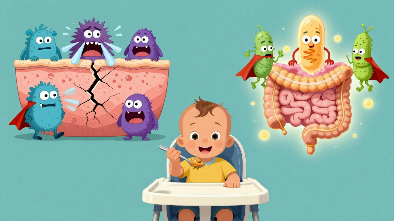 Toddler eating peanut butter with two contrasting worlds showing allergen entry through skin vs. gut.