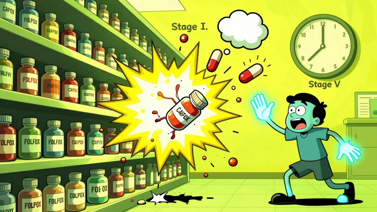 Two patients dodging flying chemo side effects like screaming nerves and nausea clouds.