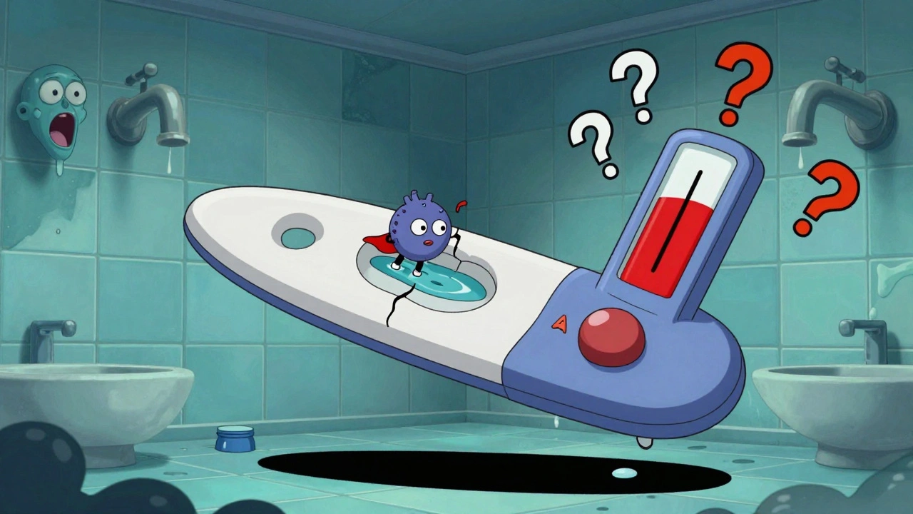 Urine test strip with leaking albumin molecule and rising ACR meter in surreal bathroom