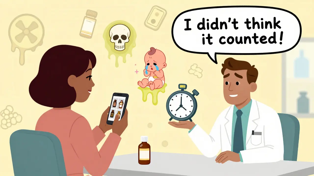 Woman showing pill bottle photos to her doctor while floating warning icons appear around them.