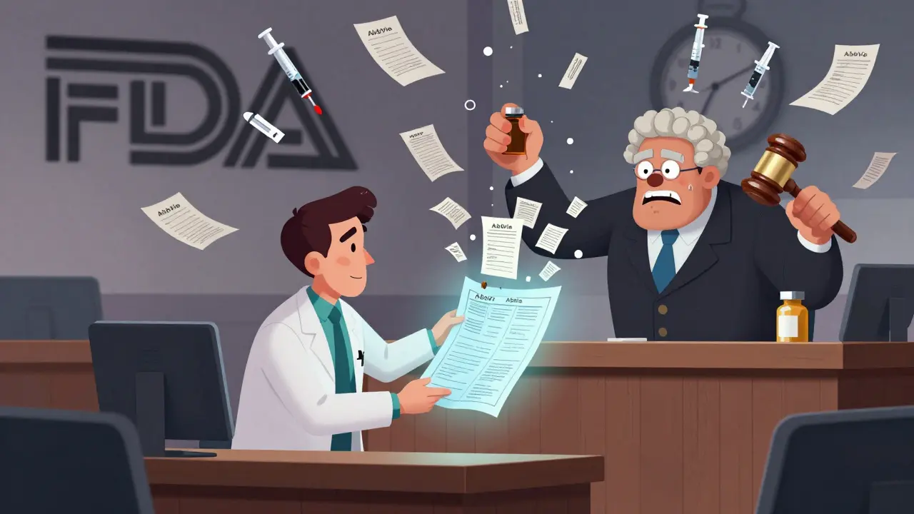 A biosimilar scientist hands over a blueprint to a patent lawyer covered in legal scrolls in a surreal courtroom.