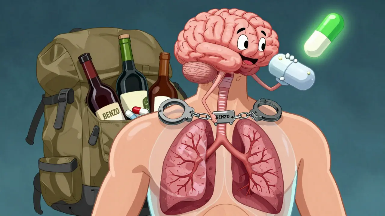 A cartoon human torso with a sedative pill clamping down on the brain's breathing center, while other meds float nearby.