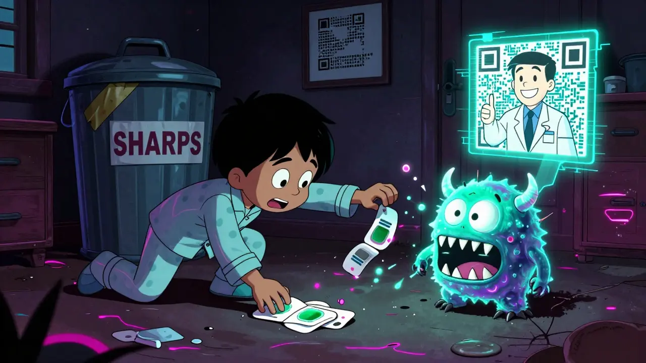 A child reaching for a patch that turns into a monster, while a screaming trash can and QR code hologram loom in the background.
