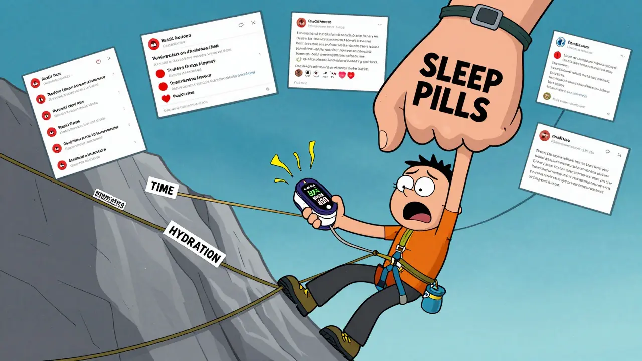 A climber holding a pulse oximeter alarm, pulled down by healthy habits as giant sedative pills try to force them higher.