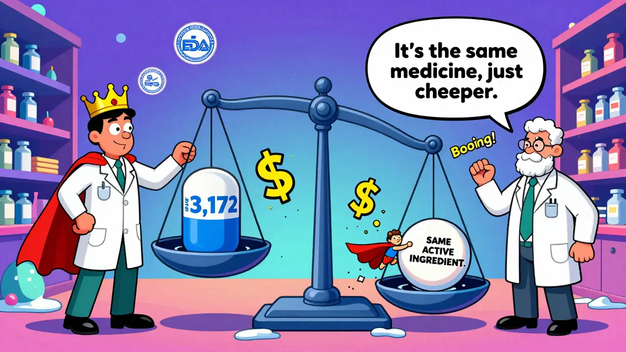 A doctor and pharmacist balance a scale with brand and generic pills, dollar signs tipping the scale in a satirical cartoon.