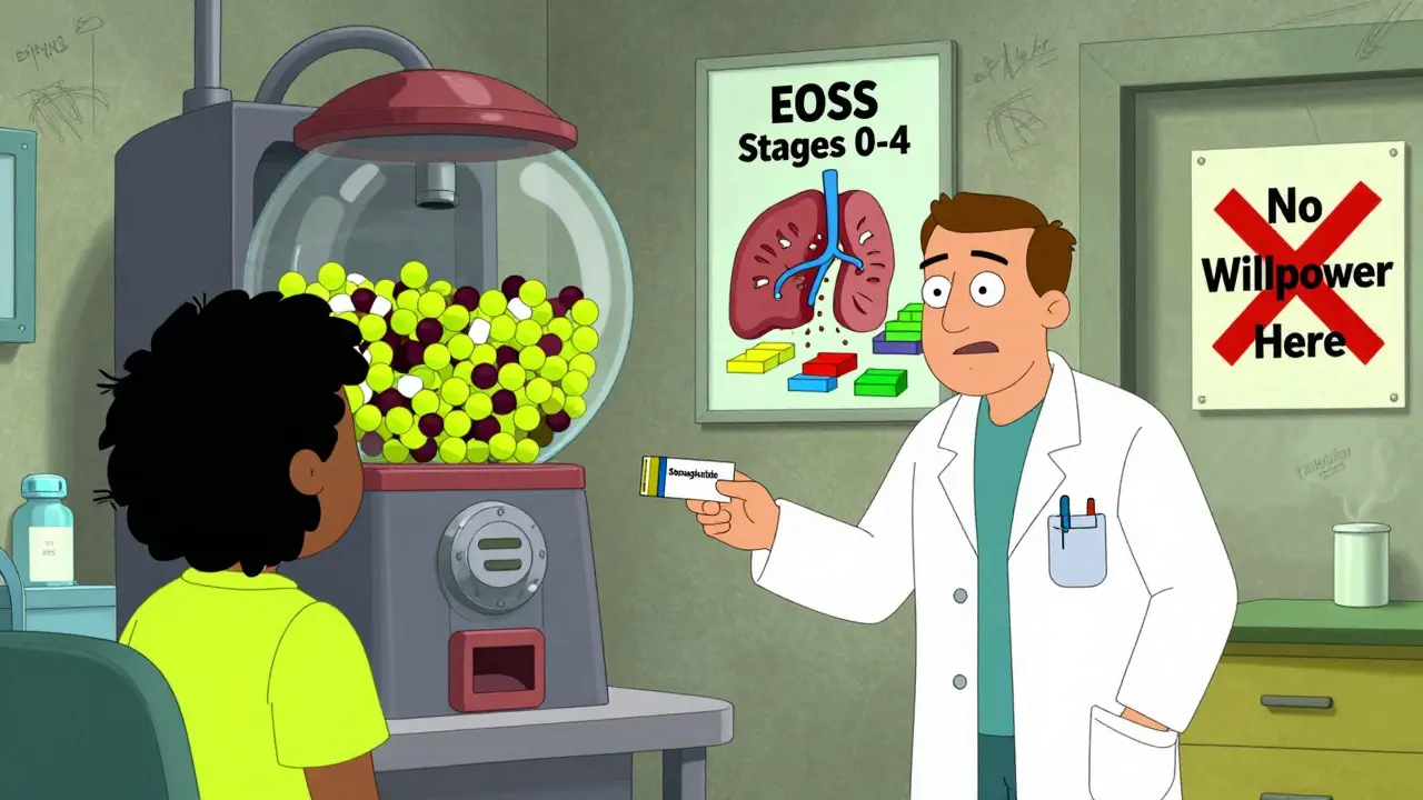 A doctor handing a prescription while a bariatric machine dispenses pills, with collapsing organs on the wall in surreal cartoon style.
