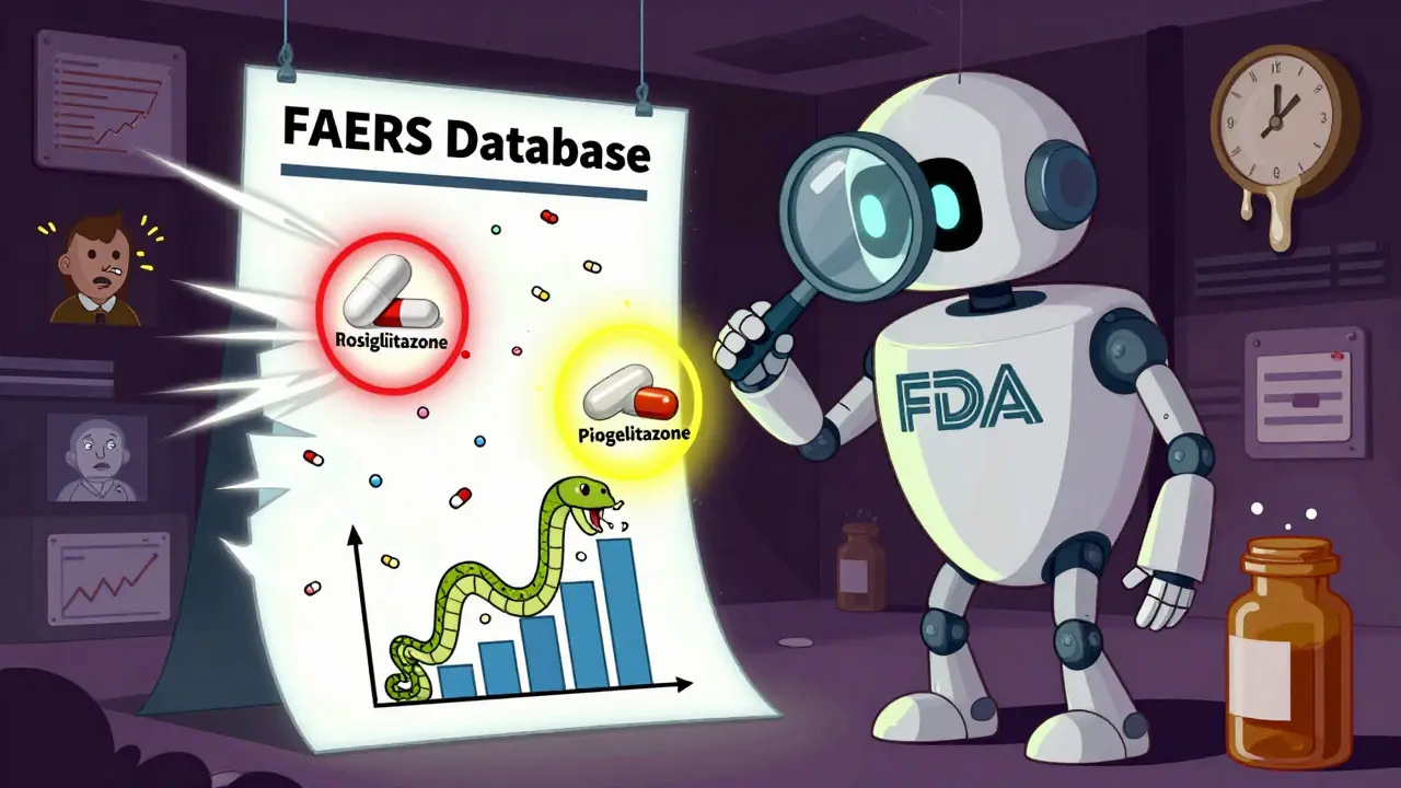 A giant FDA robot analyzes drug data with a bar graph that turns into a snake, surrounded by floating pills and screaming patient icons.
