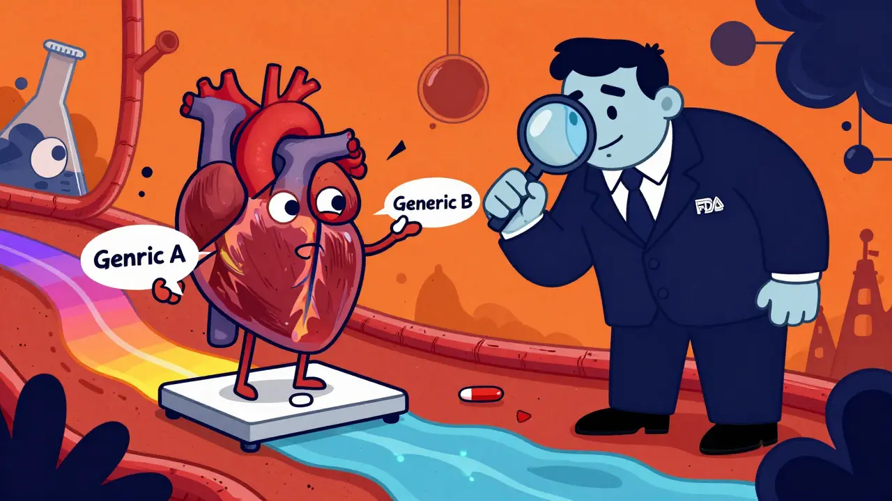 A heart and thyroid gland arguing over two generic pills while an FDA inspector watches.