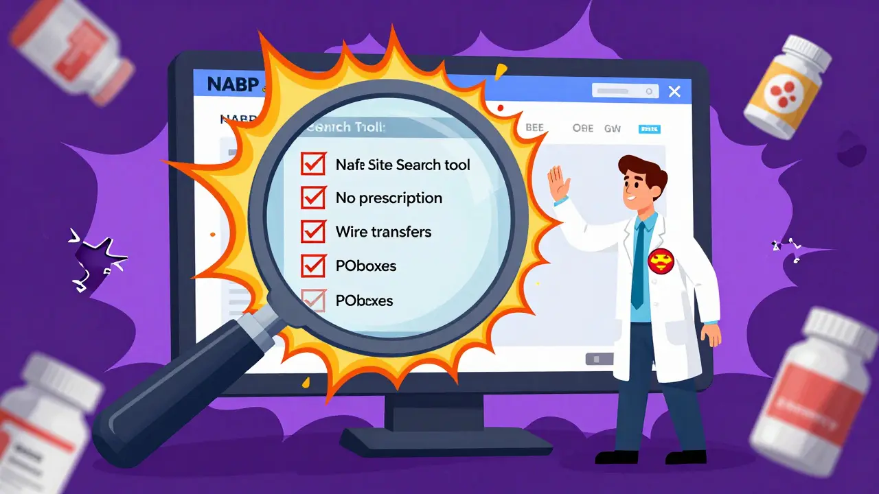A magnifying glass examining a safe pharmacy search tool while red flags explode around it.