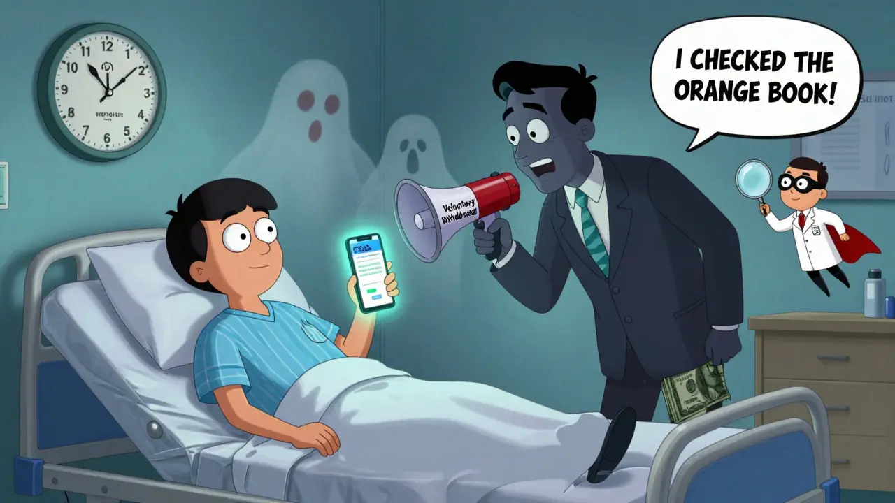 A patient checks the FDA website as a corporate figure whispers, ghostly patients fade in the background.