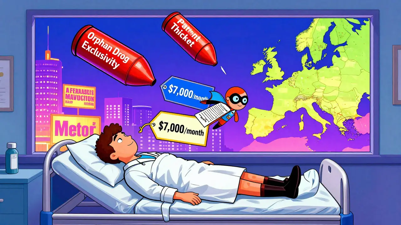 A patient faces sky-high drug prices as a biosimilar superhero flies in, dodging obstacles labeled with exclusivity laws.